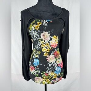 Single Los Angles Floral Boho Long Sleeve Blouse with 2 Key Hole Cutouts